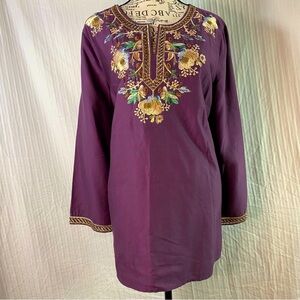 Soft Surroundings Sz M Global Artistry Embroidered Beaded Tunic Blouse purple